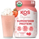 KOS Vegansk Protein pulver, Jordbær & krem USDA Organisk - Lav karbohydrater proteinblanding, plantebasert supermat med vitaminer og mineraler, Glutenfri - Måltid erstatning for kvinner og menn - 28 Serveringer