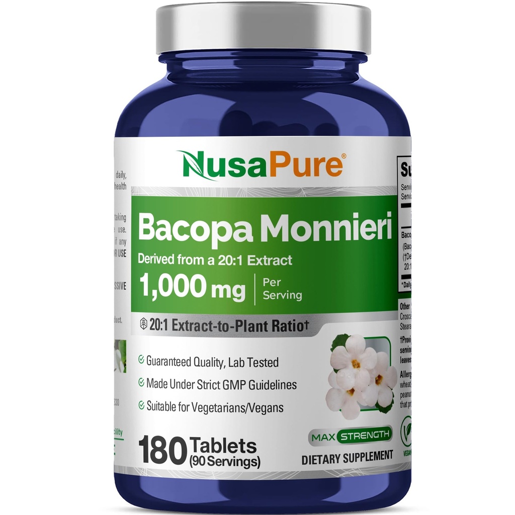 NusaPure Bacopa Leaf Monnieri Ekstrakt 20 000 mg 180 tabletter (Ekstract 20:1, Ikke-GMO, Glutenfri)