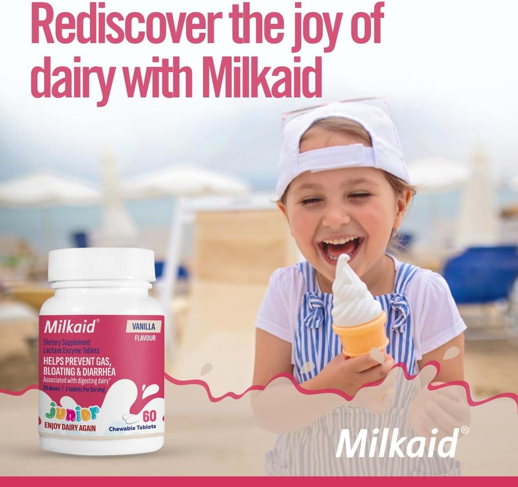 Melkeaid Junior Flavor Pack | Hjelper Forhindrer Gas, Bloating, Diarrea hos barn | Hurtigvirkende Dairy Digestive Supplement for barn | 180 Tabletter