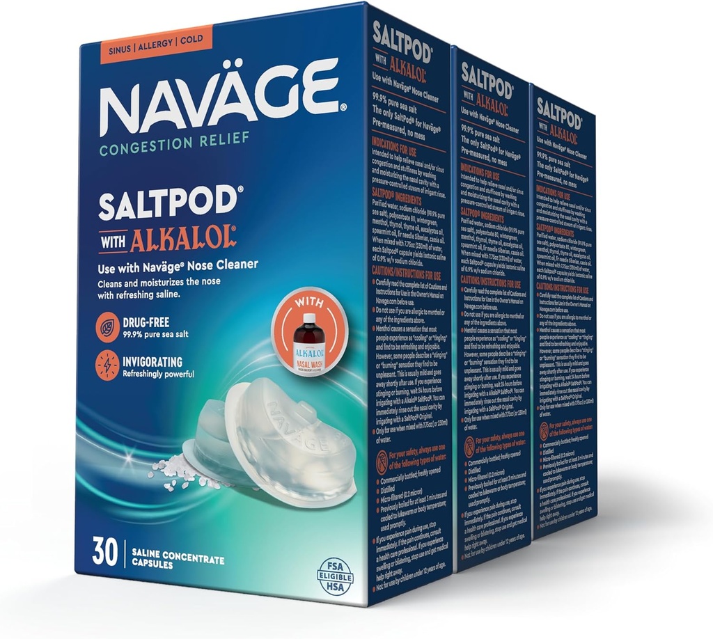 Navage SaltPod m/ Alkalol (3 30-pakker) - Eksklusivt designet for Navage Nasal renser - Sinus renser Alkalol Pods for rask relief (90 SaltPod påfyll)