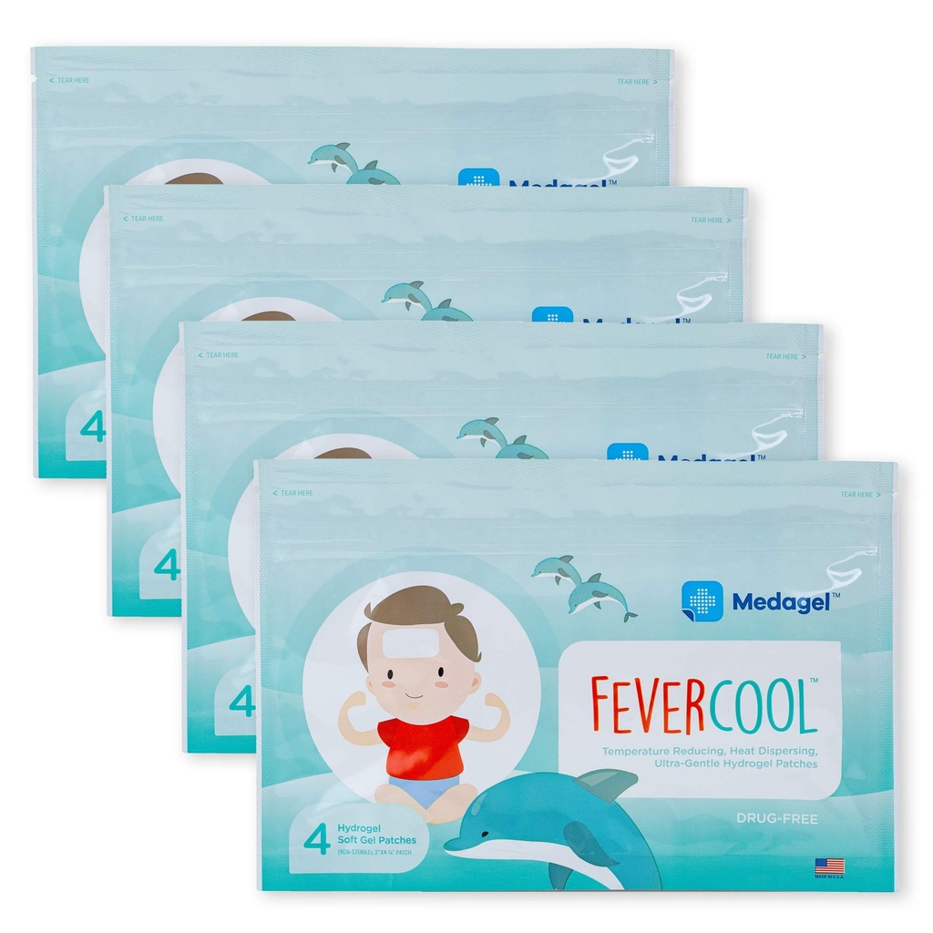 FeberCool Patches - Kjølelapper for feber, migraine og hodepine Relief | Laget i USA | Kjøletemperatur | Mess & Odor Gratis | Voksne og barn 2+ | 4 pakker (16 x Patches)
