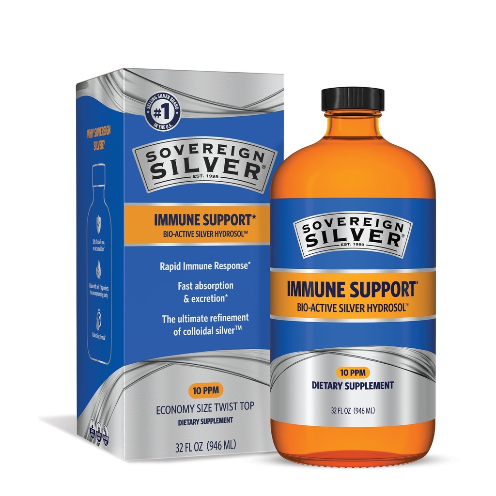 Suverene Silver Immune Support - Colloidal Silver, Bio-Active Silver Hydrosol, 10 ppm, Flytende Twist Top, 32 Fl Oz, (946 ml)