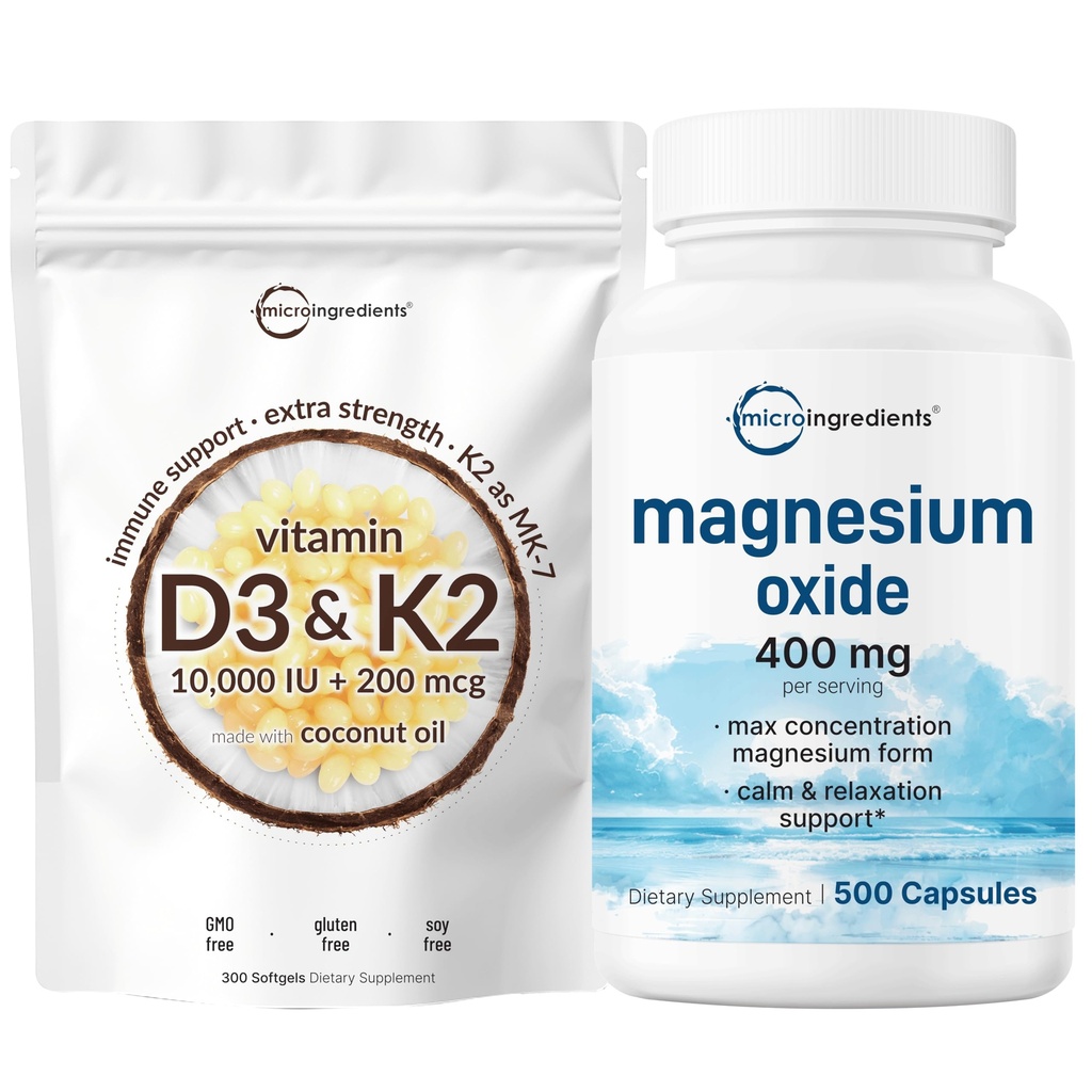 Micro Ingredienser Vitamin D3 10.000iu + K2 200mcg Kokosolje Softgels & Magnesium Oxid 400mg Bundle Pack