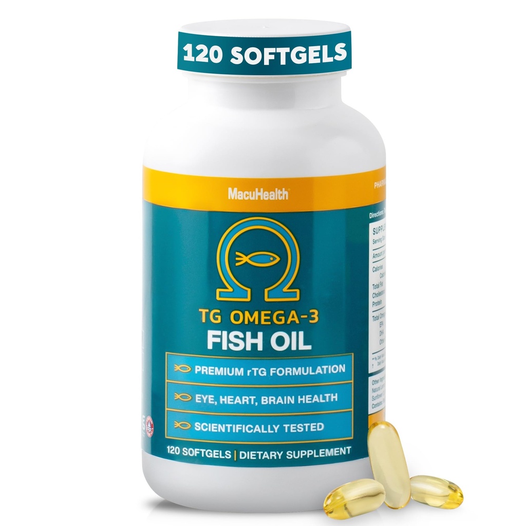 Macuhealth Omega 3 Fiskeolje - 1100mg DHA, 1100mg EPA, Eye & Brain Helse Supplement, Triglyserid Formula, 120 Softgels