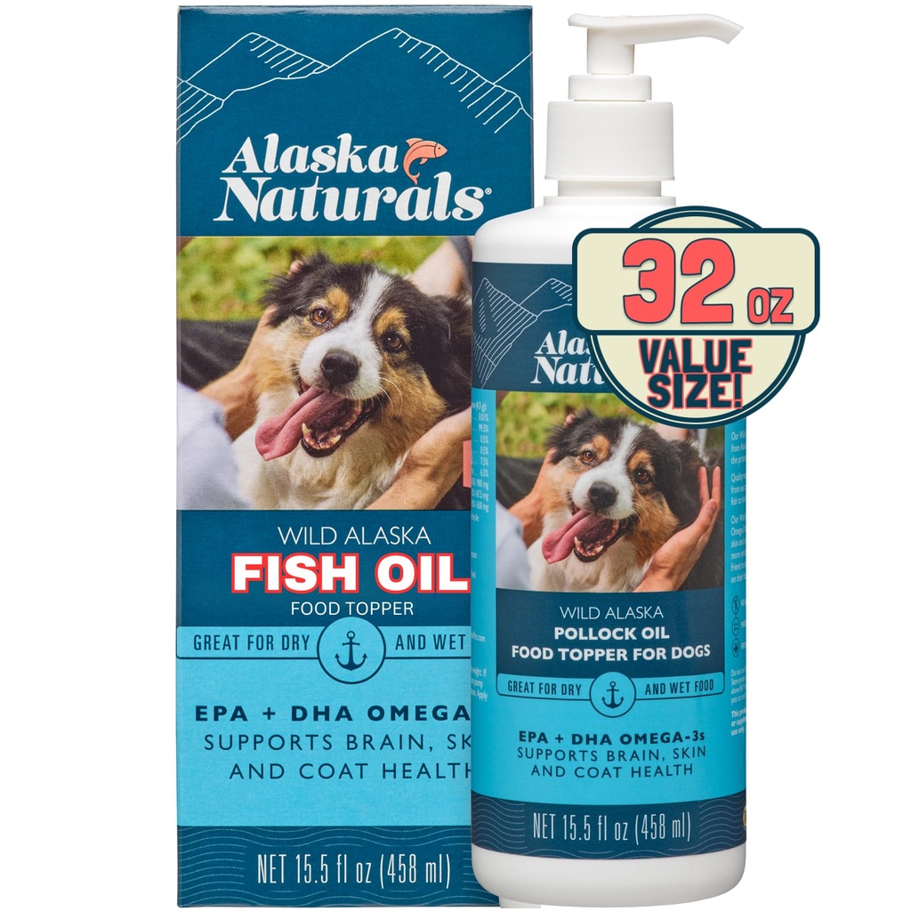 Alaska Naturals Wild Alaskan Fish Oil Supplement for hunder Hud og Coat med EPA DHA Omega 3 fettsyrer bærekraftig flytende mat topper 32 oz. Pump