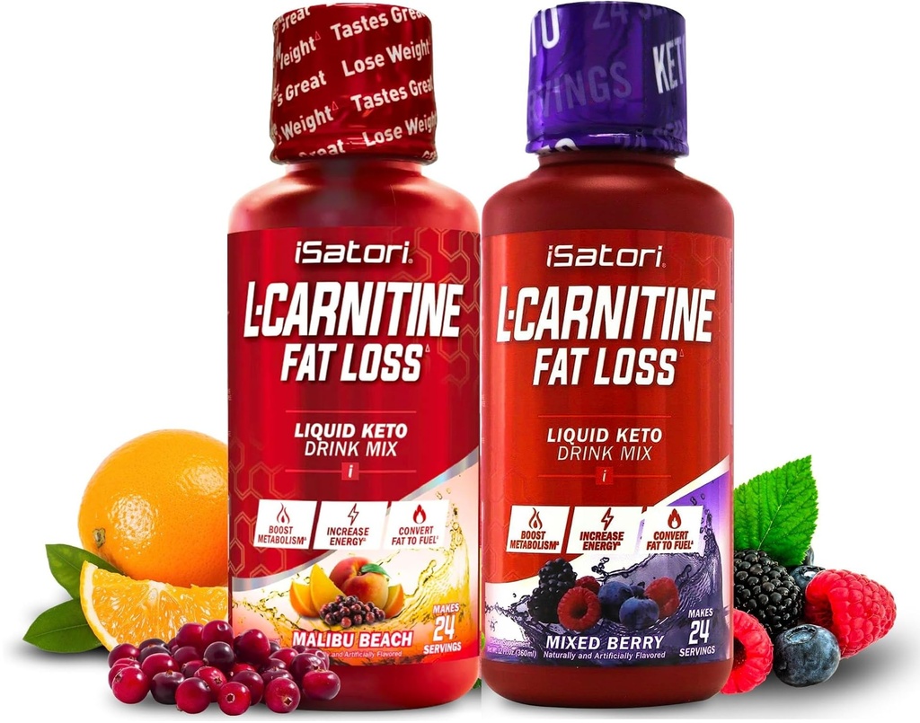 iSaturi L-karnitin 1500, flytende L-karnitin med acetyl L-karnitin, blandet Berry Flavor (24 Serveringer) & Malibu Beach Flavor (24 Serveringer)