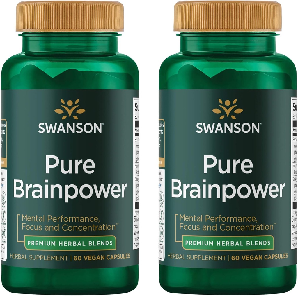 Swanson ren brainpower Hjerne Helse Kognitiv hukommelse Focus Støtte Brain-Derived Neurotrofi Factor (BDNF) Herbal Supplement (Ginkgo Biloba, Bacopa Monnieri) 60 Veggie Caps (Veg Caps) (2 Pack)