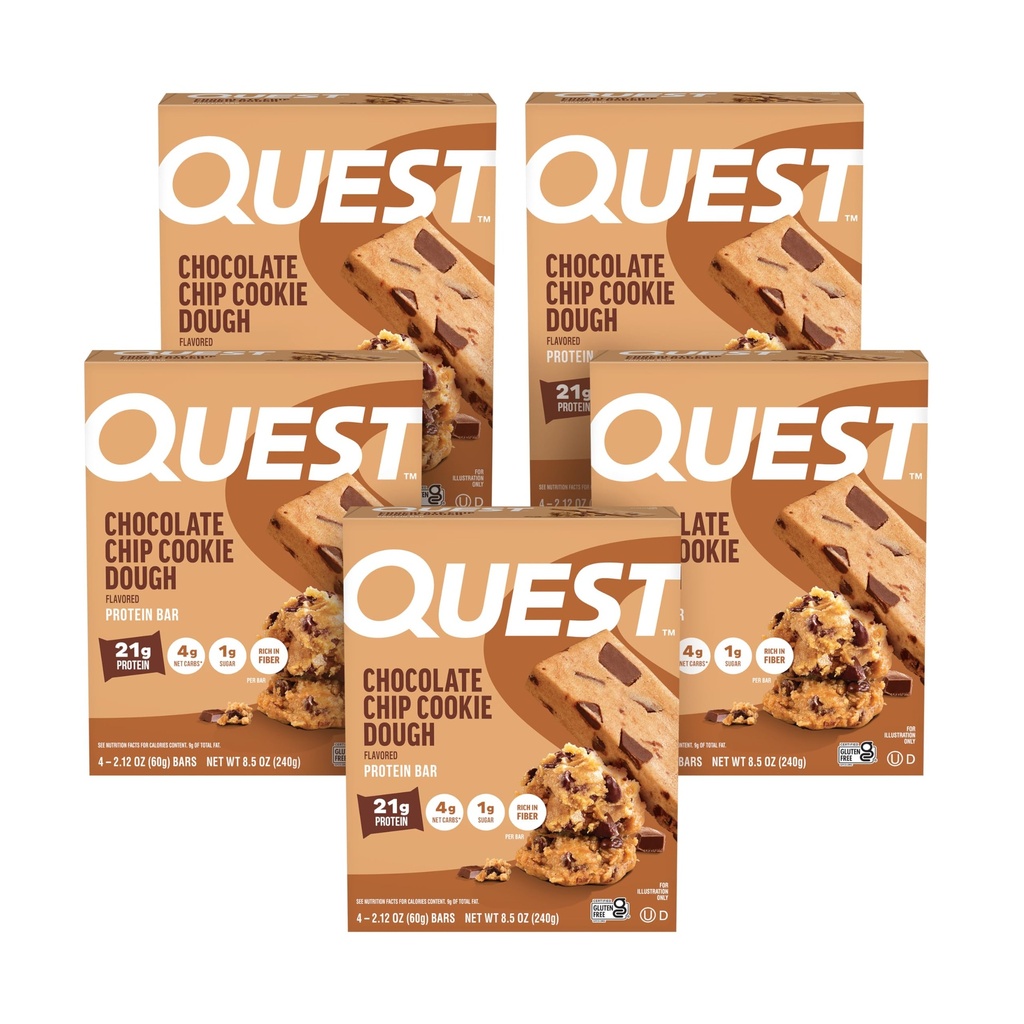Quest Nutrition Chocolate Chip Cookie Dough - Høyt protein, Lavkarbohydrat, Glutenfri, Ketovennlig, 2.12 Oz, 20 Count (4 Pakker med 5)