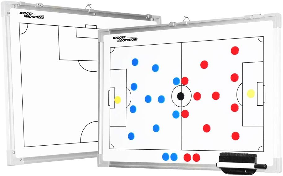 Fotballinnovasjoner Double Sided Aluminum Magnetic Coaches Tactic Board med vegg hengende klipper | Spillermagneter og penn inkludert | Tørr slette styre | Full felt & halv felt