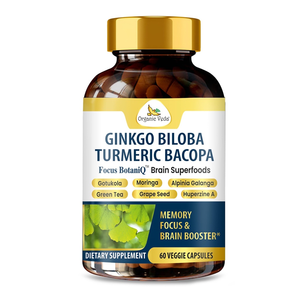Organic Veda Ginkgo Biloba Turmeric Bacopa Brain Supplement for hukommelse, Mood & Focus med Ashwagandha - Konsentrasjon, Energi og hjerne Booster, sunne ledd og sirkulasjon støtte - 60 Vegan Capsule