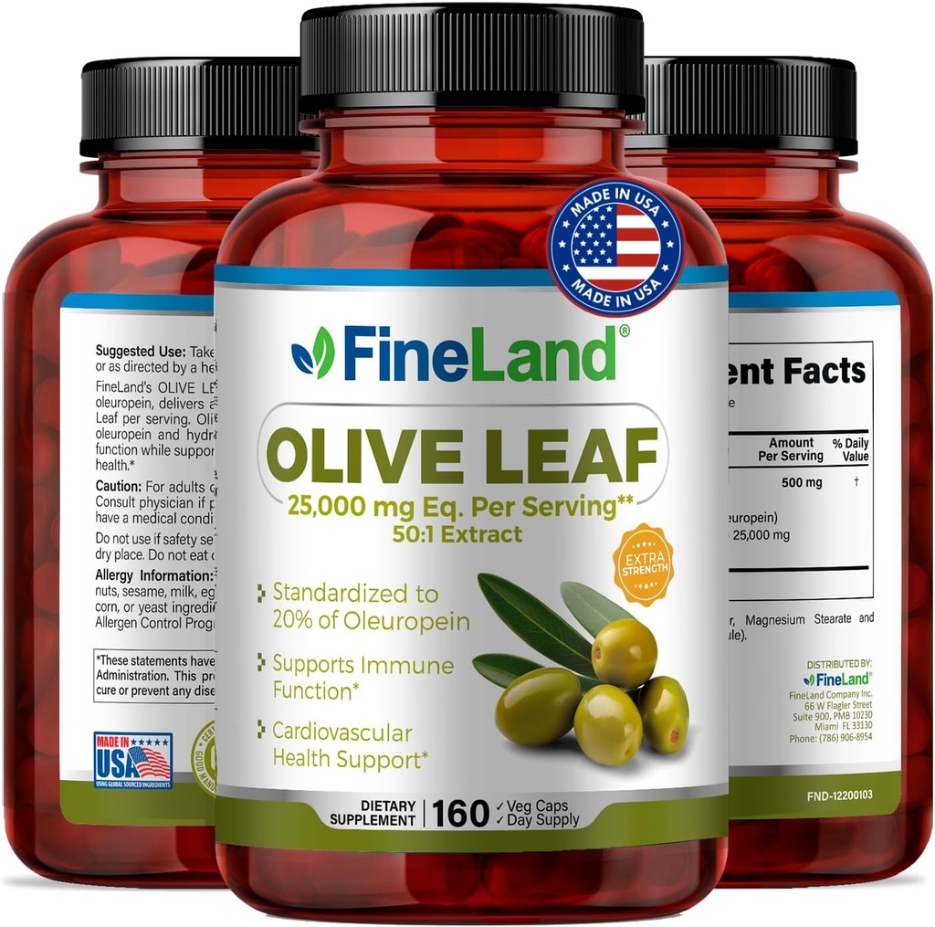 FineLand Olive Leaf Extract 50x – 25 000 mg Eq. per servering | 160 Vegan Caps, Olive Extract med 20% Oleuropein | Herbal Antioksidant Supplement for sirkulerende og immun støtte, laget i USA