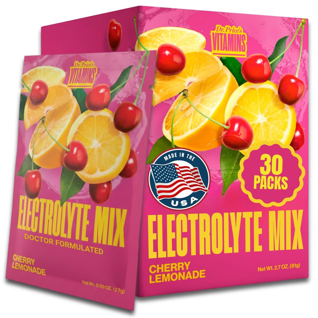 Dr. Price er Electrolyte Mix | Sukkerfri Hydration pulver med 72 + Trace Minerals | No Sukker, Fast Dissolving Electrolytes Powder Packets | Cherry Lemonade (30 Pakker)