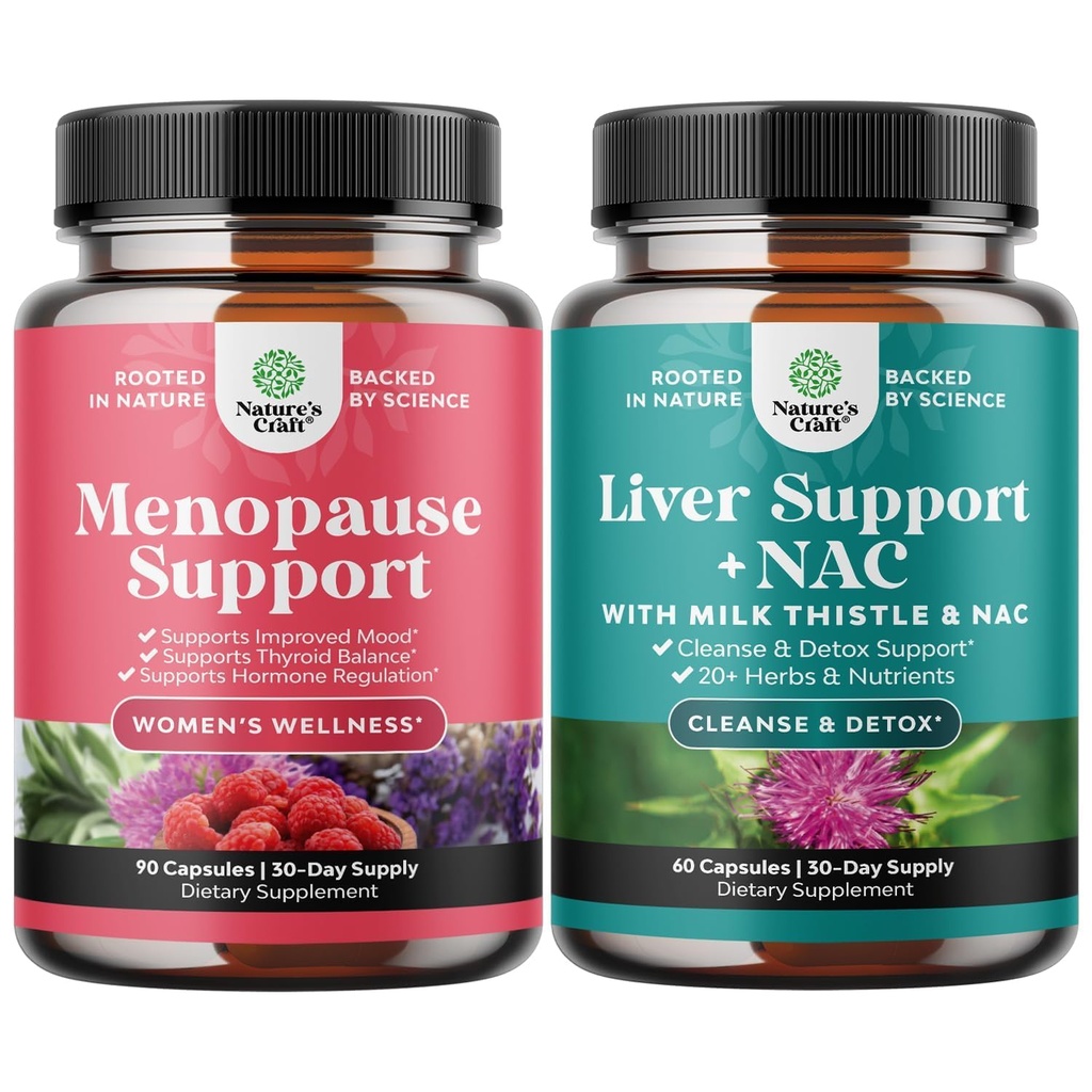 Bundle av Menopause Supplement for kvinner med Dong Quai, Vitex Chaste Berry & Black Cohosh og Liver Support NAC Supplement med Melke Thistle, Artichoke, Choline & Beetroot for Detox & Repair