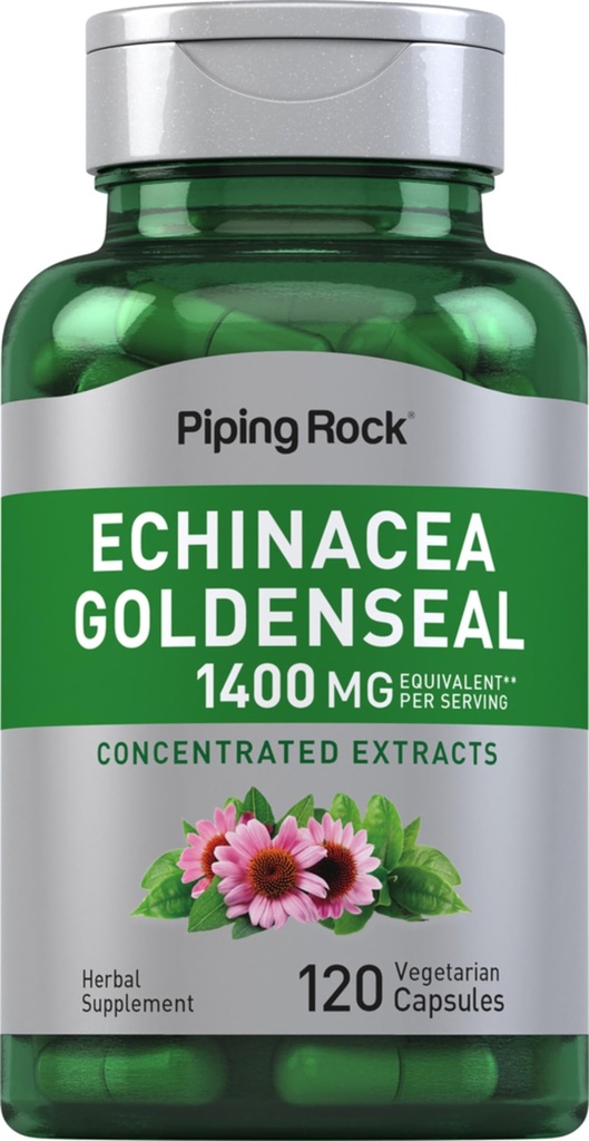 Piping Rock Echinacea Goldenseal Capsules | 1400 mg | 120 vegetariske kapsler | Ikke-GMO, Glutenfri Supplement