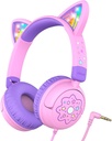iClever Kids Hodetelefoner Katt Øre, LED-lys opp, 85dBA Trygg Volume, Stereo lyd Toddler Hodetelefoner for reiseskole, Foldbar 3,5mm Wired Kids Hodetelefon for iPad-tabletter, Meow Lollipop -Pink