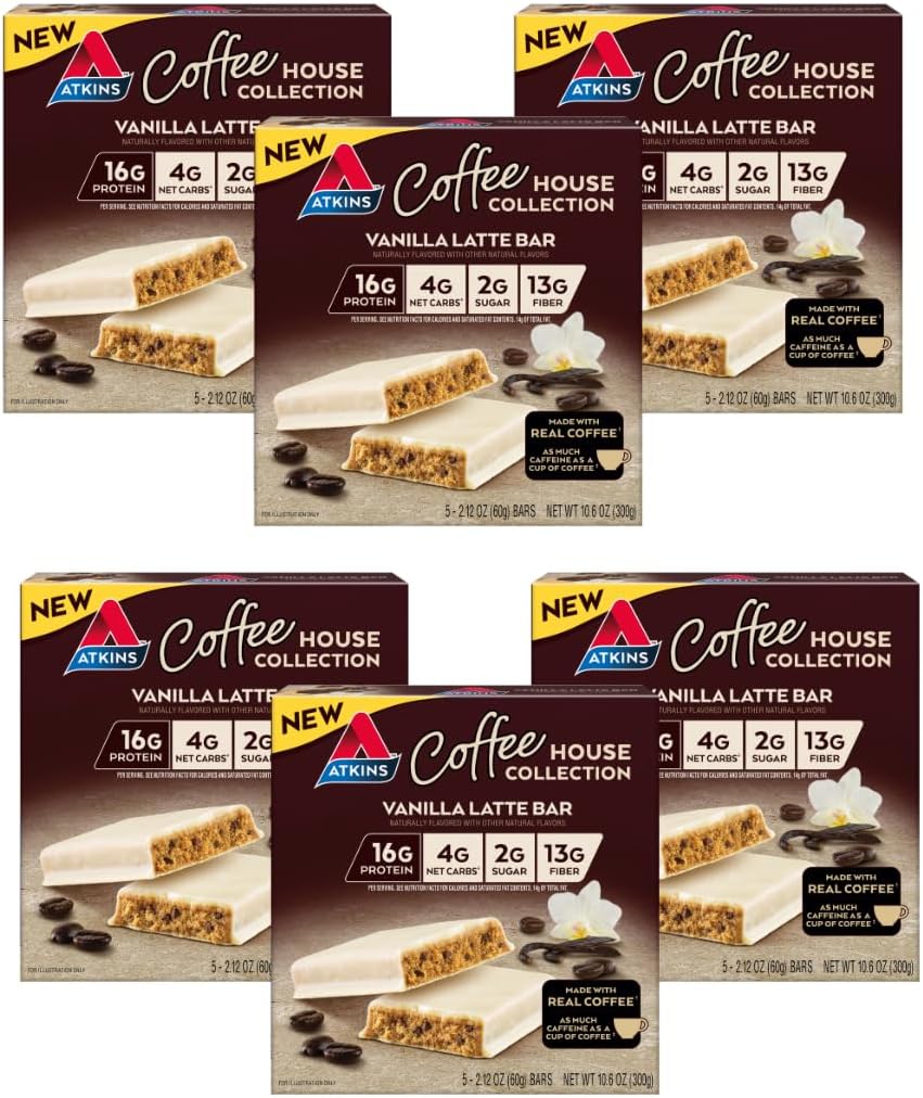 Atkins kaffehusmåltid Bar, Vanilla latte, 16g Protein, 4g netto karbohydrater, 2g sukker, 13g fiber, laget med ekte kaffe, 5 greve (Pack of 6)