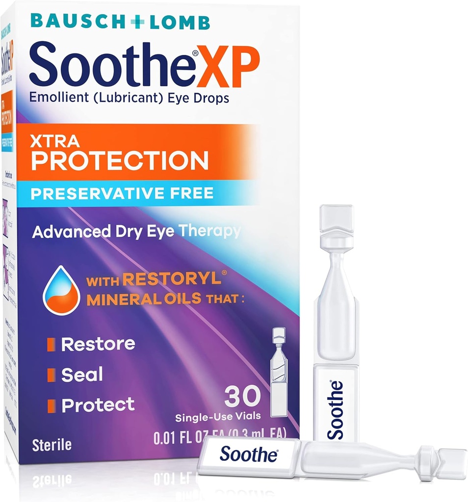 Soothe XP Preservative Free Eye Drops, Xtra Protection Lubricating Eye Drops for tørre øyne, lindrer irritation og beskytter mot tear tap, avansert tørr øyeterapi, enkelt bruk vialer, 30 greve
