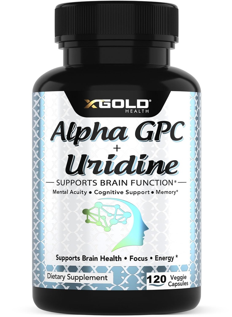 Alpha Gpc + Uridin 900mg – kraftig nootropisk for å øke fokus, minne, energi, humør og kognitiv ytelse – 120 vegetariske kapsler