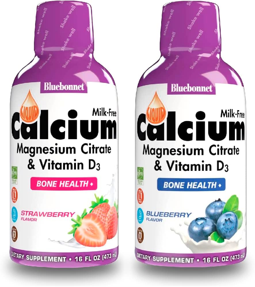Blåbonnet ernæring flytende kalsiumcitrat magnesiumcitrat, vitamin D3-bunn av blåbærflavor og jordbærflavor, 2 flaske 16 Fl Oz Hver (32 Fl Oz Totalt)