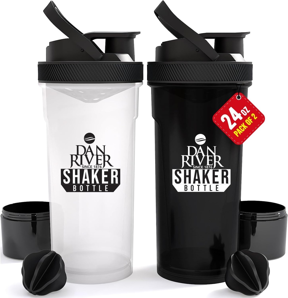 DAN RIVER 2-Pack Shaker Flaske | 24oz Plastprotein Shaker & Mixer | Twist & Lock Design for smoothies & Protein Mixes | Holdbar, leak-Proof, lett å rengjøre | Klar og svart Shaker flasker for Gym