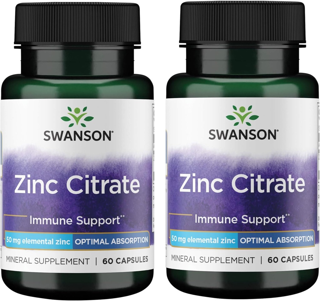 Swanson Zinc Citrat - Mineral Supplement som fremmer sunn visjon og immunsystem helse - naturlig formel som støtter total velvære - (60 kapsler, 50 mg hver) (2 pakke)