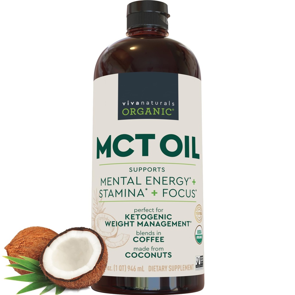 Viva Naturals Organic MCT Olje, 32 fl oz – MCT olje for kaffe, USDA økologisk, ikke-GMO, Paleo sertifisert og ketovennlig, støtter energi og mental klarhet