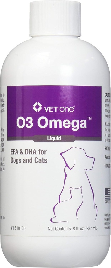 Vet One O3 Omega flytende EPA & DHA for hunder og katter - Hud & Coat Supplement - støtter immunsystem og felles helse - 8 oz