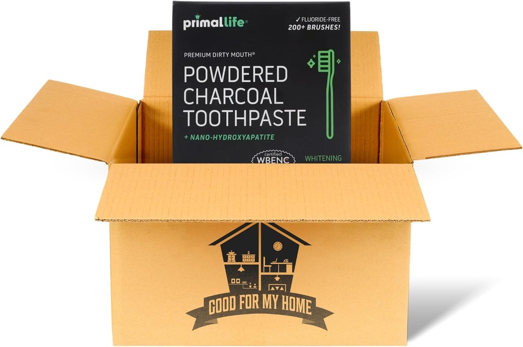 Aktivert Charcoal Primal Life Organics 1 oz tannpulver: Organic Vegan Blend, Kaolin & Bentonitt Clay, essensielle oljer - Svart Spearmint for 200 + børster. GFMH Box Inkludert.