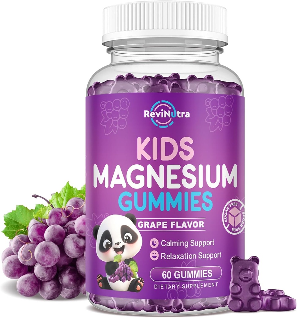 Magnesium Gummies for barn, sukkerfri Magnesium Citrat Gummies, Flott Tasting Rolig Magnesium Gummies for voksne og barn, Støtte søvn, Bein & Muskel Helse, Nerve Avslapping, 60 Grape Gummies