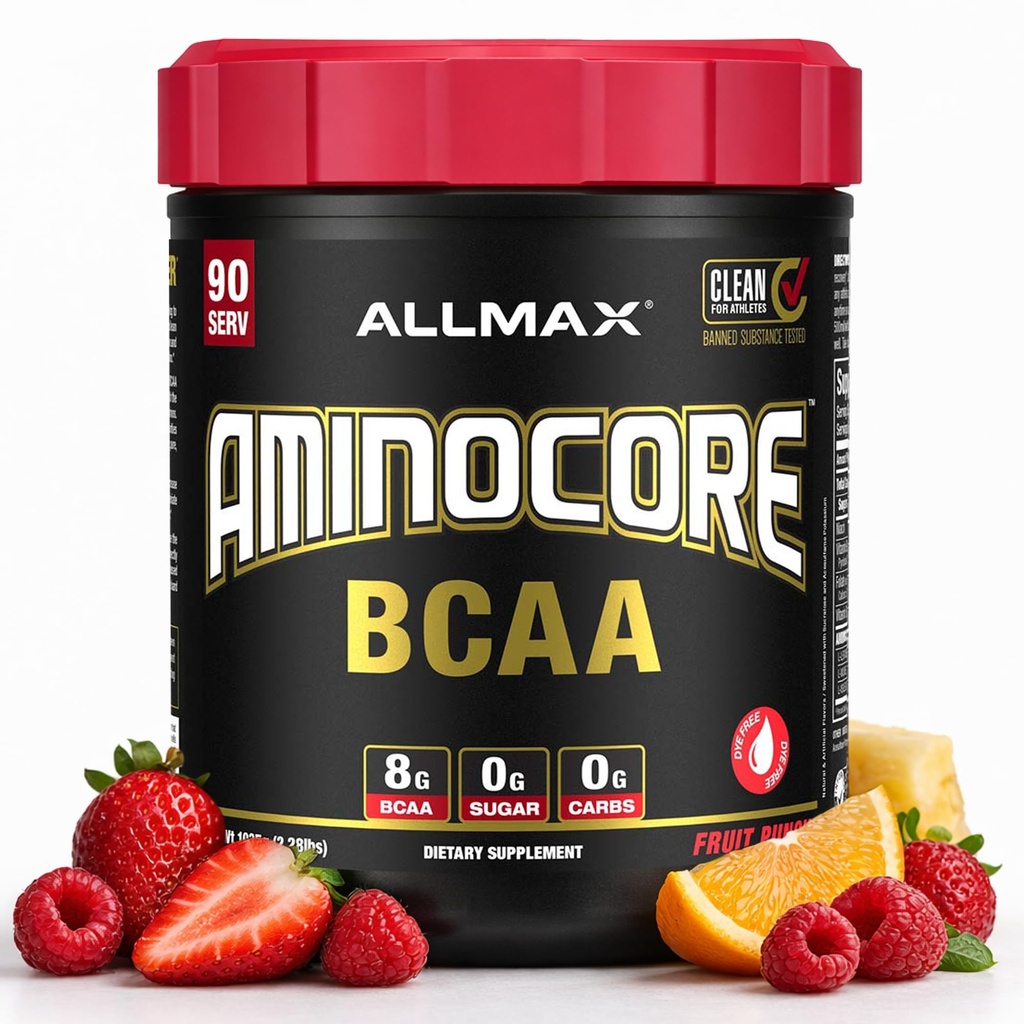 ALLMAX Nutrition AMINOCORE BCAA, Fruit Punch - 945 g pulver - 8,18 gram grened kjede Aminsyrer Per servering - med B vitaminer - Ingen fyllstoffer eller ikke-BCAA Aminos - sukker gratis - 90 serveringer