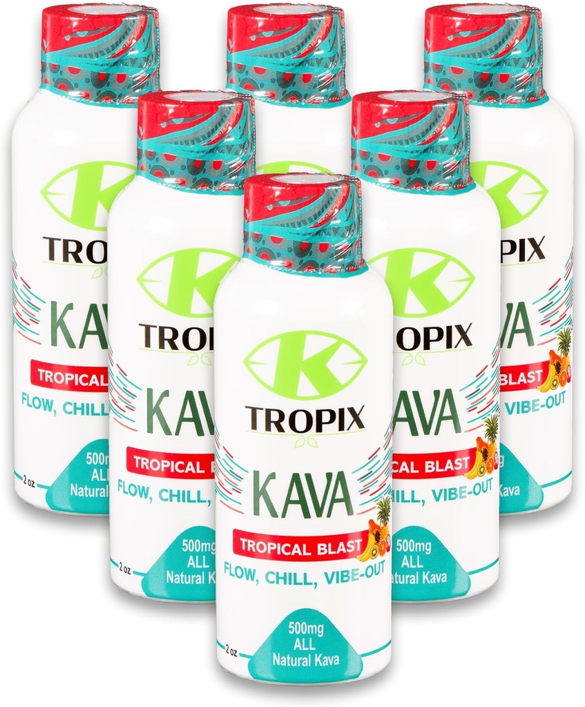 K-Tropix Kava Shot Tropical Blast - 500mg Wellness Shots for å fremme avslapping og redusere bekymring - Kava Drink - Bekymring, Tension, Strain Relief Supplement - 6 Pack