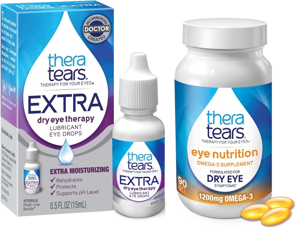 TheraTears 1200mg Omega 3 Supplement for Eye Nutrition,Organic Flaxfrø Triglycerid Fish Oil & VIT E,90 Count Eye Drops, Extra Tørr Øyeterapi,15 ml,0,5 Floz