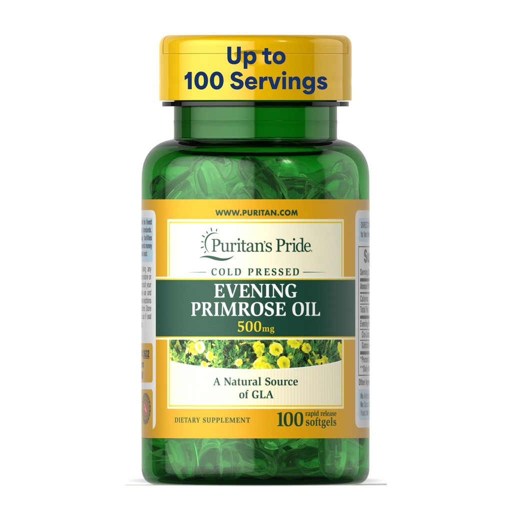 Puritans Pride Cold Pressed Evening Primrose Oil 500 mg med GLA, Dietary Support Supplement for kvinner og hud helse, 100 Rapid Release Soft Gels