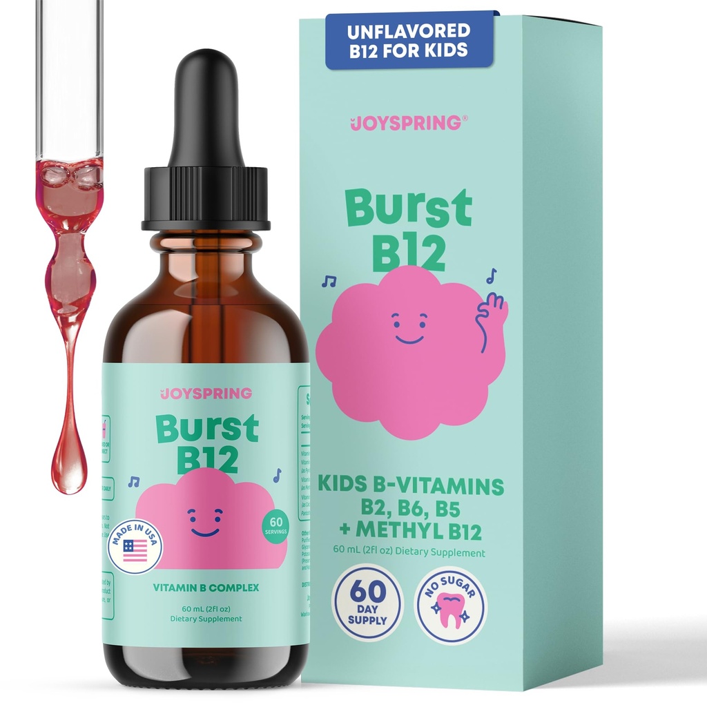 JoySpring Burst B12 Dråper - Vitamin B kompleks for barn (2 fl oz) B2, B6, B5 + Metylkobalamin B12 Barn Supplement for å støtte sunn vekst og utvikling, Vegan B12, Ages 2-16+