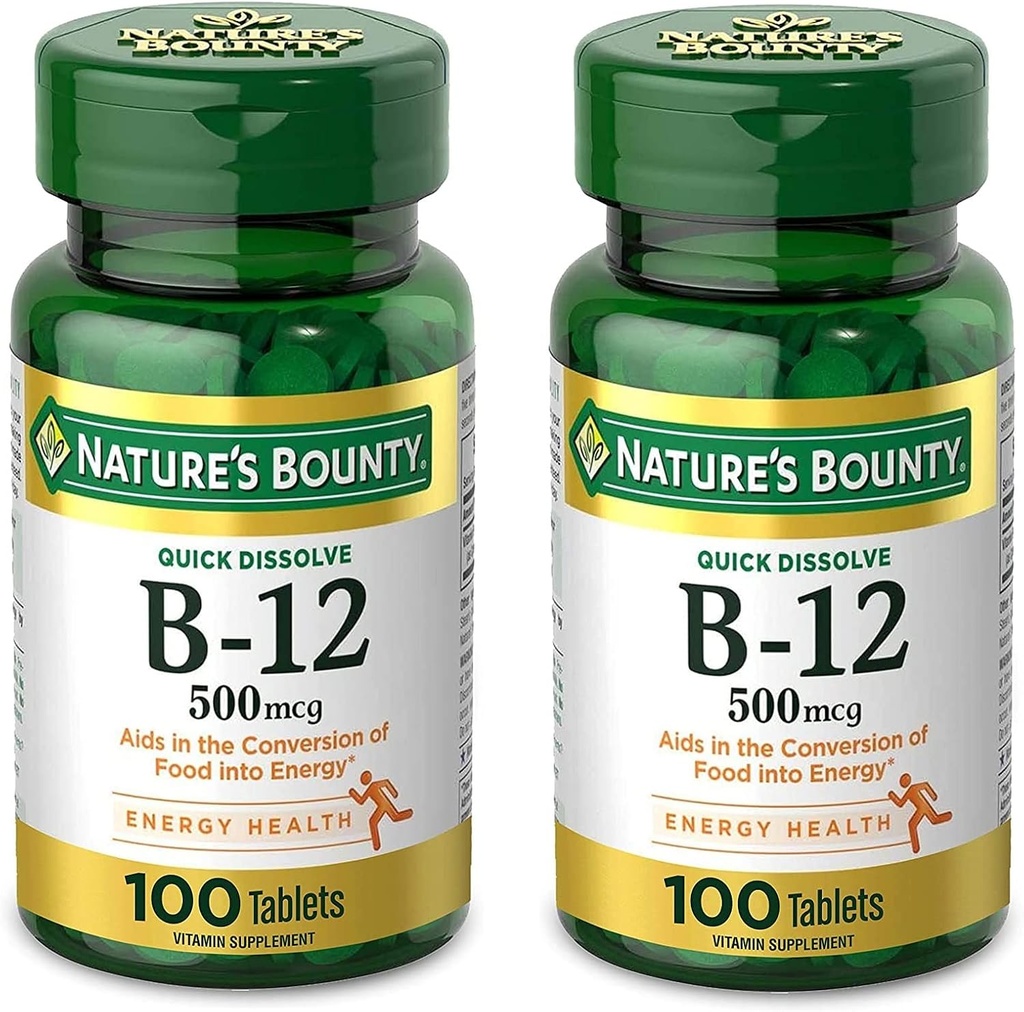 Naturens Bounty vitamin B12, støtter energimetabolisme og nervesystem helse, 500mcg, tabletter, 100 Ct (pakke på 2)