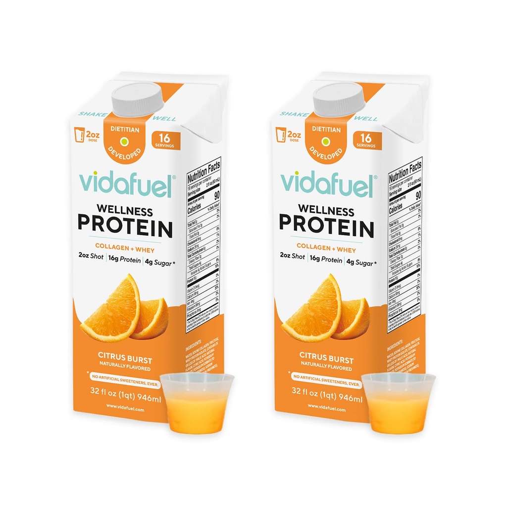 Vidadrivstoff Protein Drink, 16g Protein per 2oz Shot, 32 fl oz Carton, 2 Pack, Citrus, kollagen og Whey Drink, Ingen kunstige søtstoffer