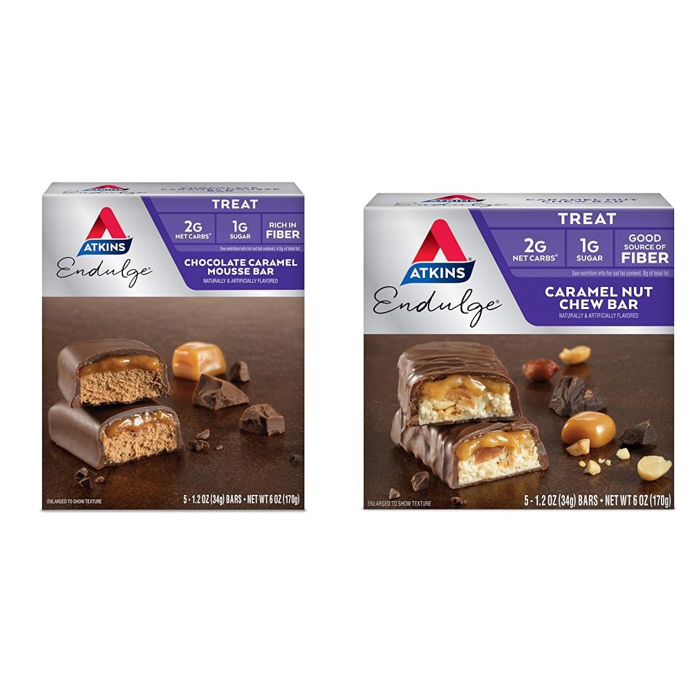 Atkins Endulge Sjokolade Caramel Mousse Bar 5 greve og Caramel Nut Chew Bar 5 greve Bundle