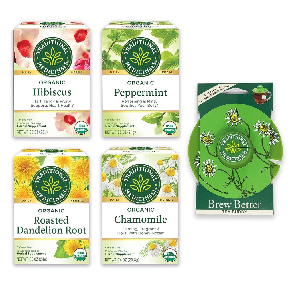 Tradisjonelle medisiner, organiske variasjonspakker for velvære i fire beroligende flavorer, inkluderer peppermynte, kamille, Hibiscus, Rosted Dandelion Root, Tea Buddy, 64 teposer, (4 pakke)