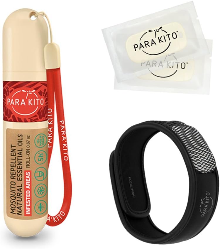 PARA'KITO Mosquito Repellent Bundle, 1 Mosquito Repellent armbånd, 1 Roll-on Gel, Bug Repellent armbånd, Wearable Mosquito Repellent enheter, Svart
