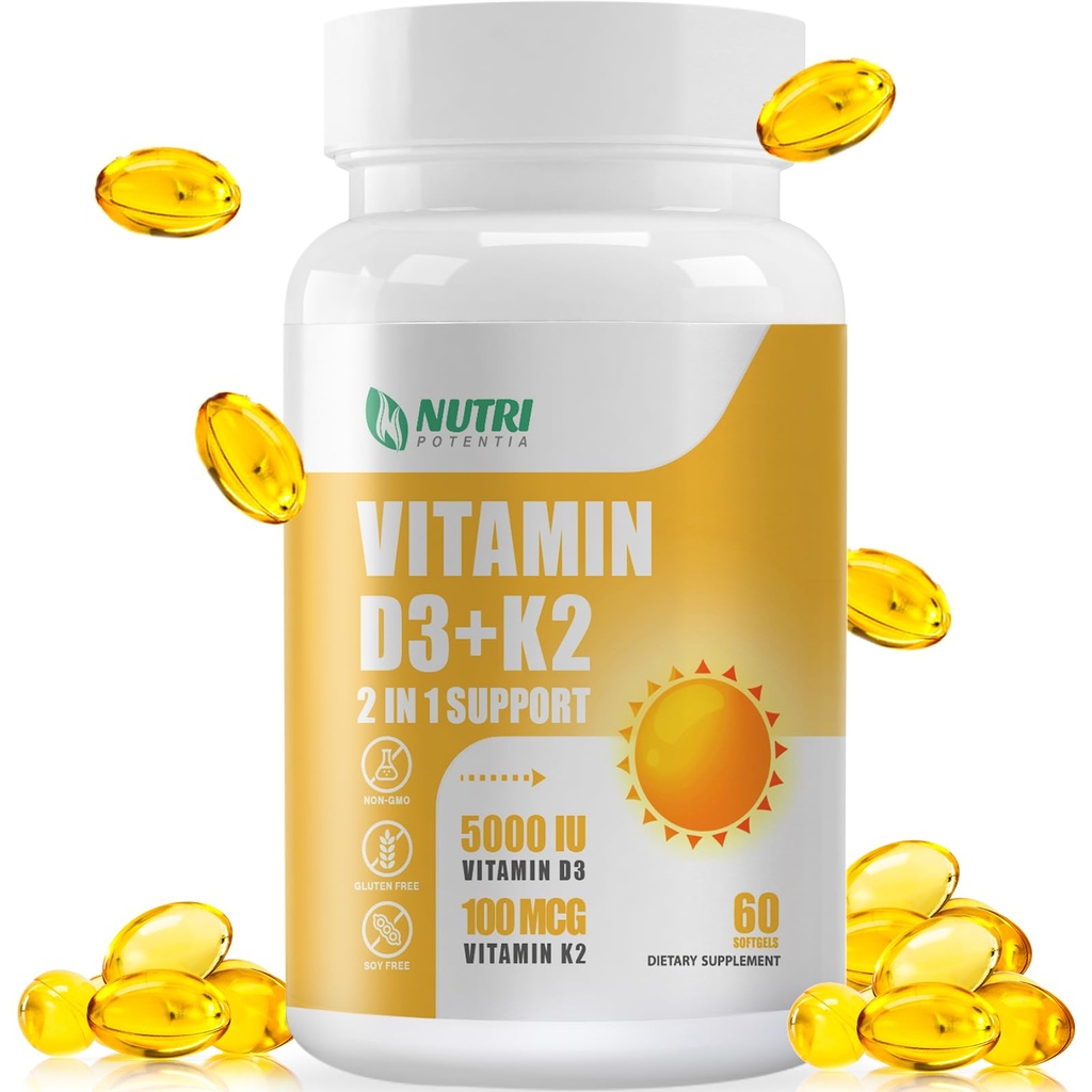 Vitamin D3 K2 med MCT olje, vitamin D3 5000 IU og K2 100mcg, formel 2 i 1 for bein og hjerte helse, glutenfri - 60 Count Softgels