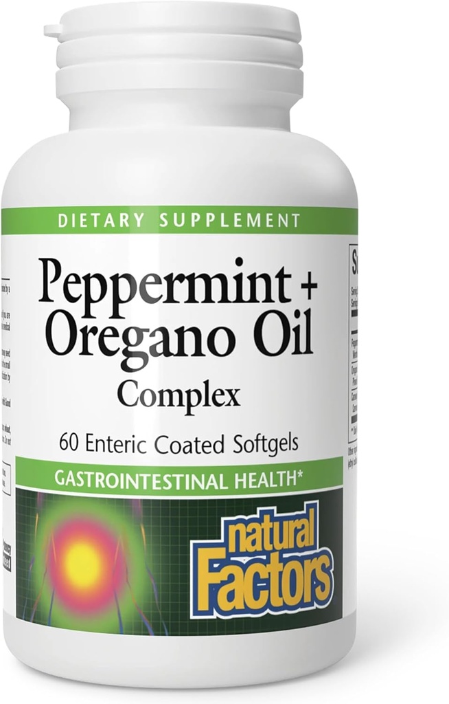 Naturlige faktorer, Peppermynte og Oregano oljekompleks, Digestiv hjelp for gastrointestinal helse, 60 mykegels