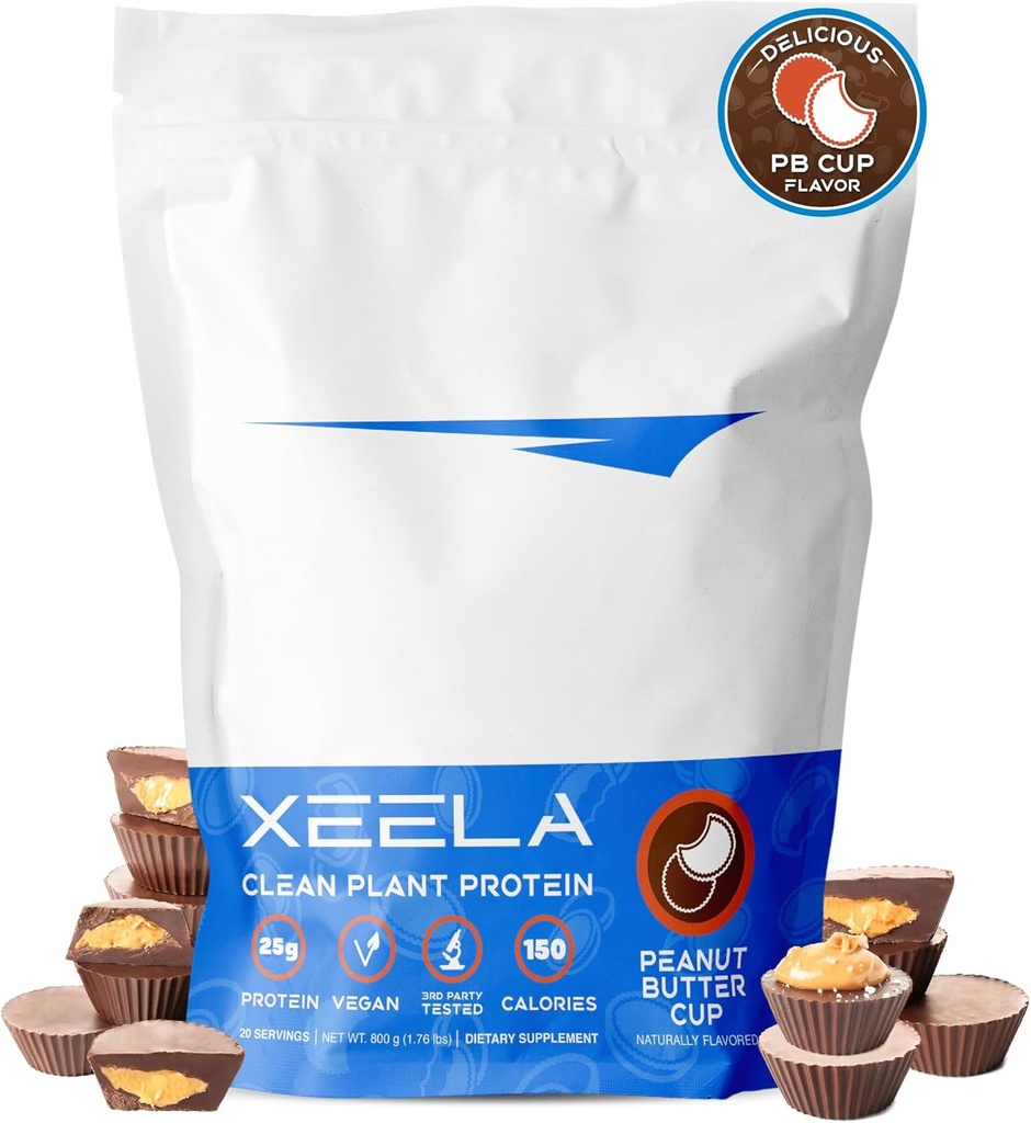 XEELA Plant Basert Vegansk Protein pulver - Uavhengig testet - 25g høy protein, eraprotein for menn og kvinner - Vitaminer og mineraler, ikke GMO, Dairy & Glutenfri, LowCarb & LowFat (Peanut Butter Cup)