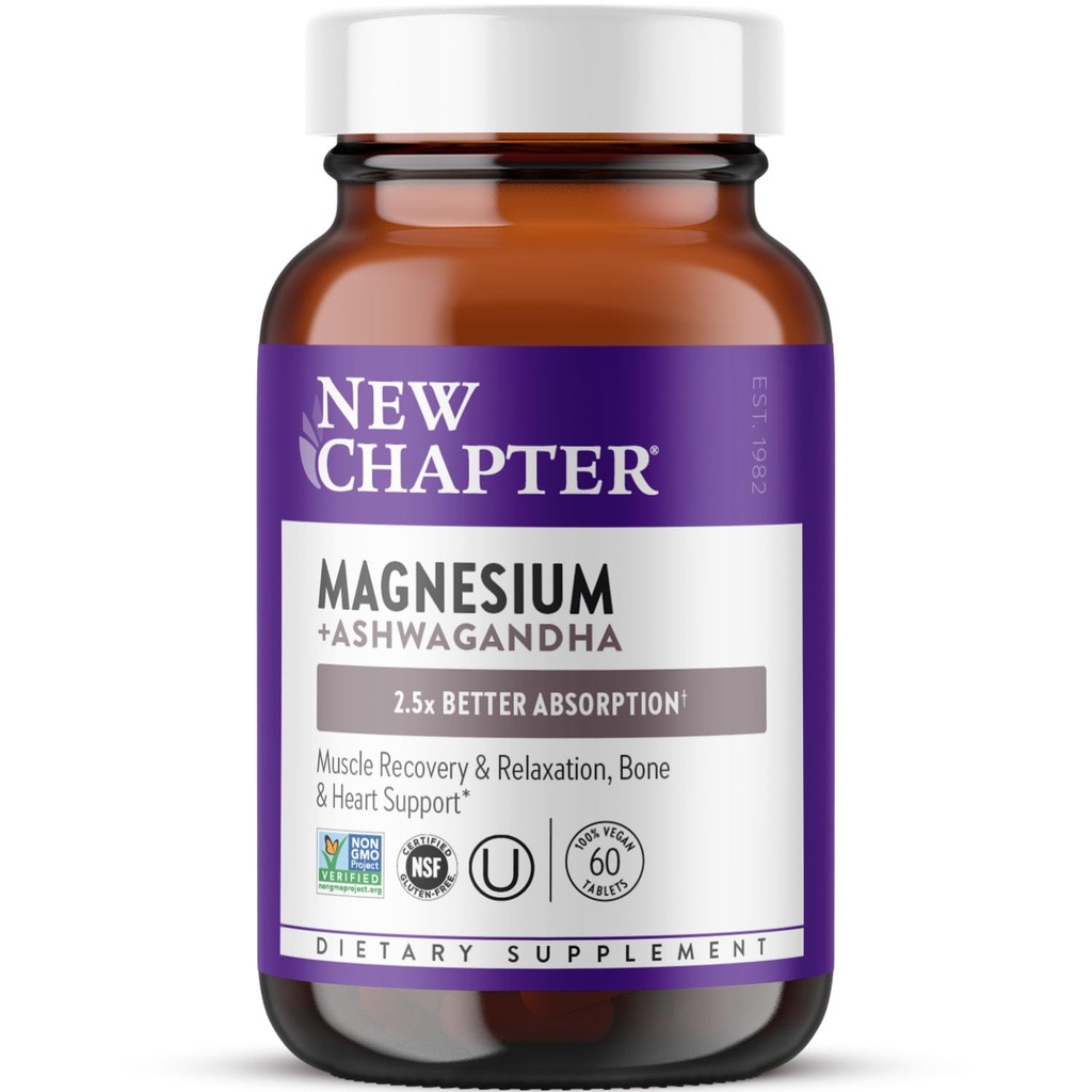 Ny kapittel Magnesium + Ashwagandha Supplement, 325 mg med magnesiumglykinat for muskelavslapping og gjenoppretting, hjerte, nerve og bein helse, 2,5x absorpsjon, ikke-GMO - 60 ct (2 måneders forsyning)