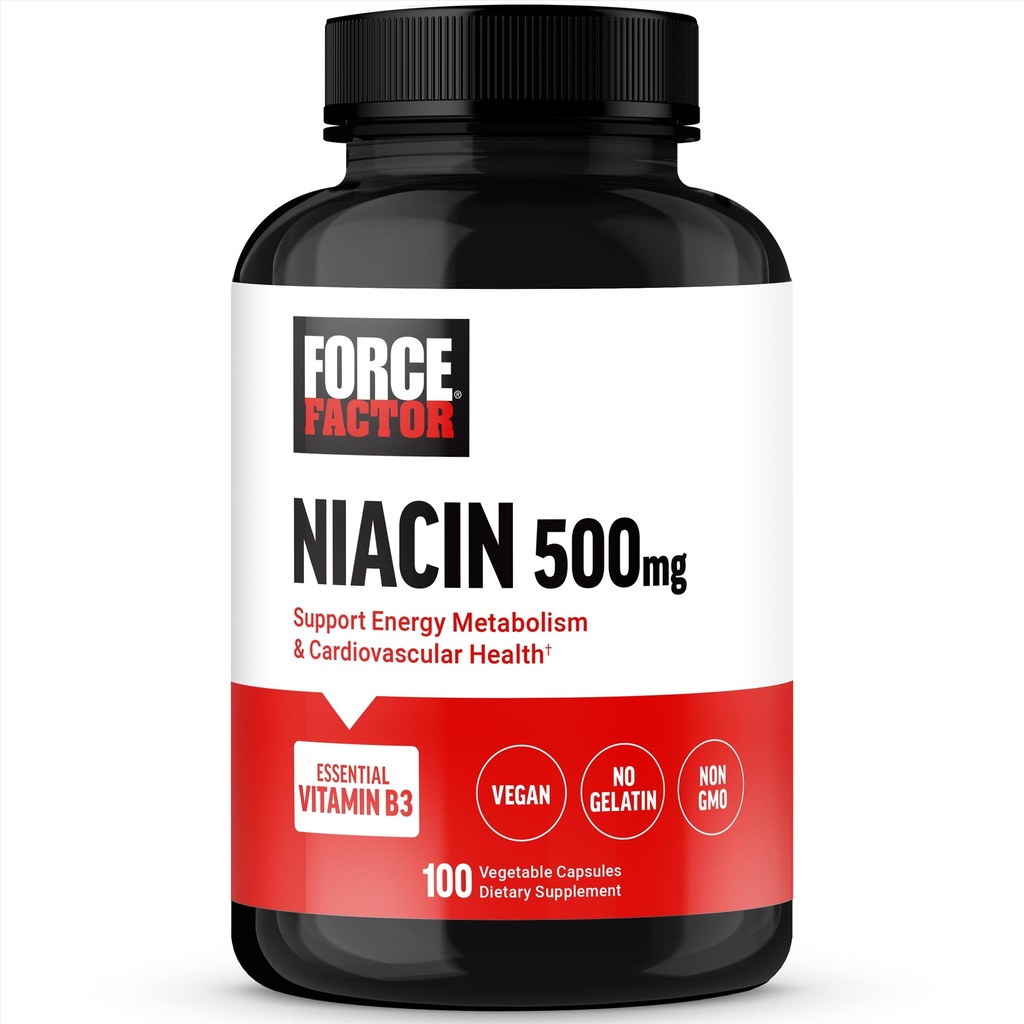 FORCE FACTOR Niacin Vitamin B3 å støtte cellulær energi og kardiovaskulær helse, Niacin 500mg hjerte-helse supplement, Vegan, Ingen Gelatin, Ikke-GMO, 100 Grønnsaker Kapsler