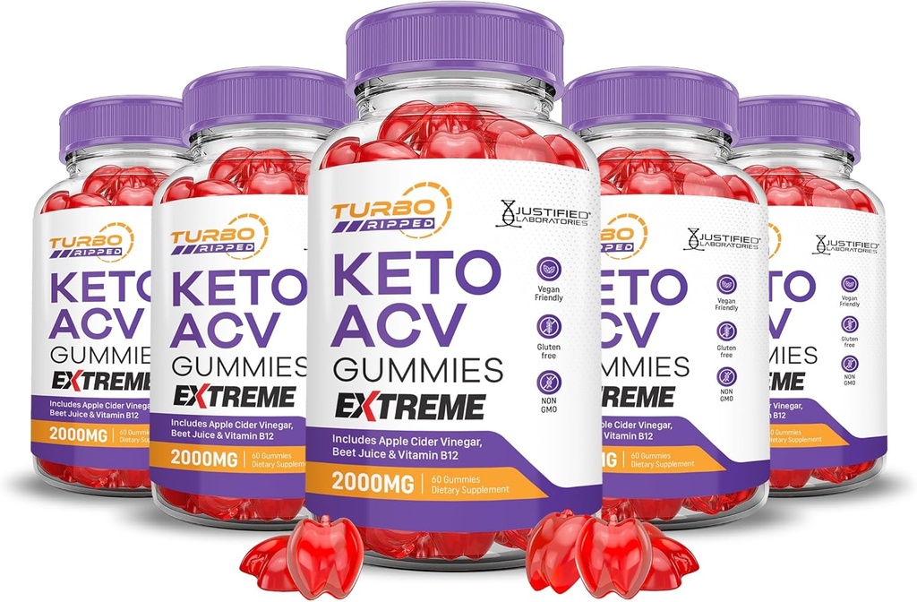 (5 Pack) Turbo Rippet Keto ACV Gummies Extreme 2000MG Turbo Rippet Keto Gummies Apple Cider Vinegar Formulert med Pomegranate Beet Juice pulver B12 Vegansk Ikke GMO 300 Gummys
