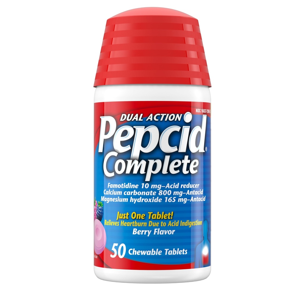 Pepcid Complete Acid Reducer + Antacid Chewable Tabletter, Heartburn Relief, Berry, 50 ct (Package May Vary)