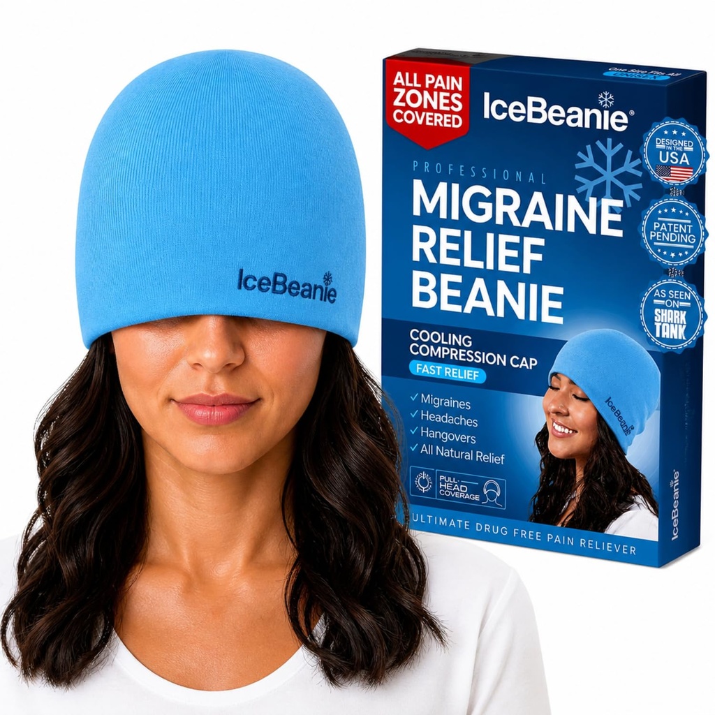 IceBeanie Migraine Relief Cap, som sett på haiktank, myk og strekkende Gel Tension hodepine Relief Cap, utvidet kjøling Hangover Ice Hat, Odorless Head Wrap Ice Pack Wrap, hodepine Migraine Mask