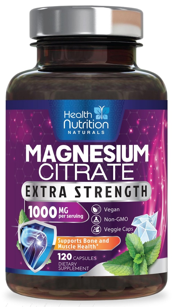 Magnesium Citrat Capsules 1000mg - Max absorpsjon Magnesium pulver for muskel, nerve, bein og hjerte helse støtte, høy absorpsjon citrat kompleks, glutenfri, ikke-GMO - 120 kapsler