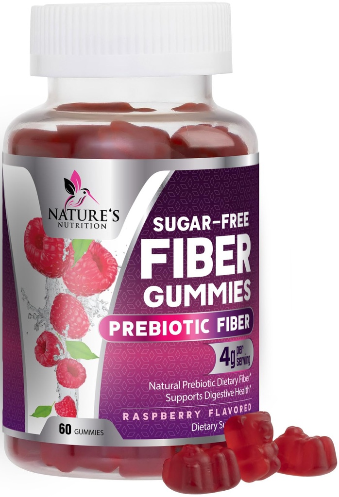 Prebiotiske Fiber Gummies 4g - Sugar Gratis Gummy Fiber Supplement for voksens Digestive Helse og regelmessighet Support - Naturlig bringebær Flavor, Plant Basert Blande, Ikke-GMO & Glutenfri - 60 Gummies