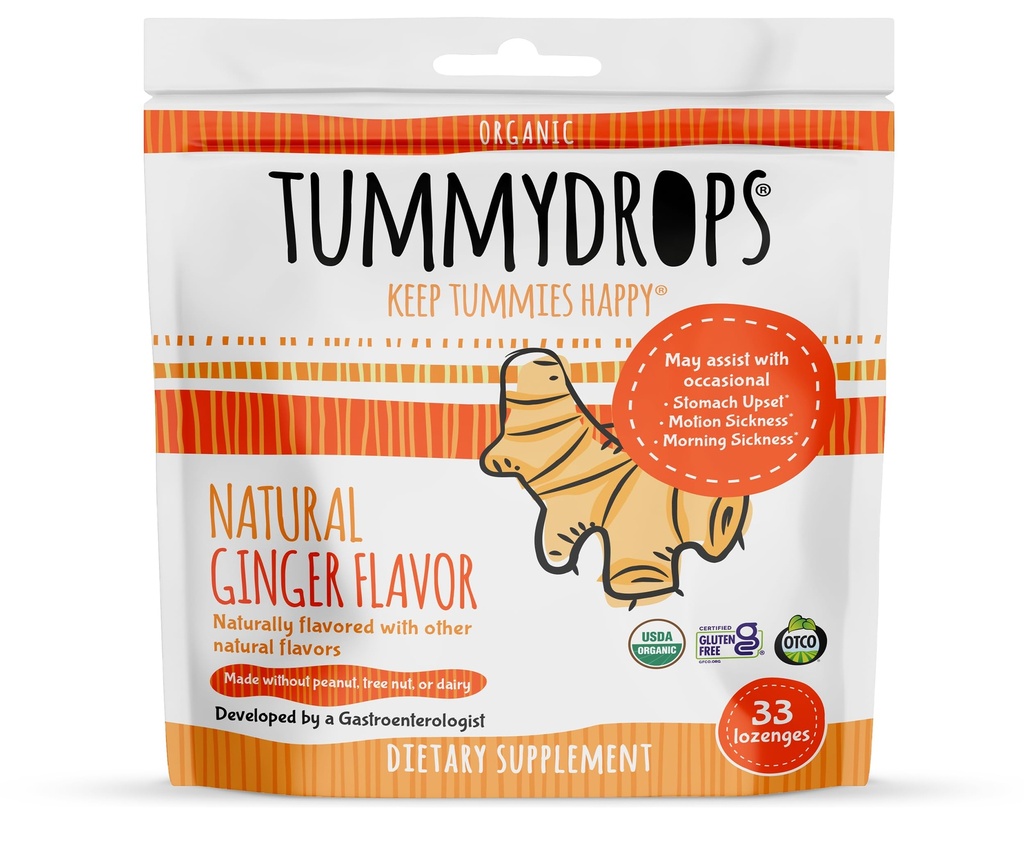 USDA Organic Natural Ginger Tummydrops, Glutenfri & Vegan, 33 Individuelt pakket dråper i en forseglbar pose